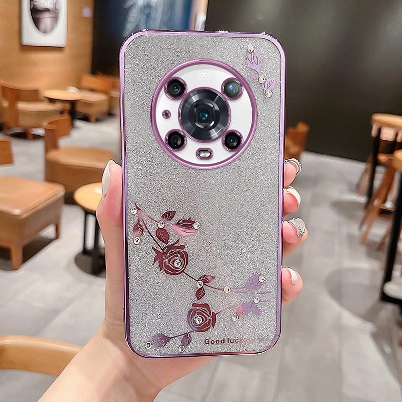 Drop-proof Phone Case For Honor Magic4 Pro 5G Electroplating Rhinestone Design Flower Pattern Decor Glitter Powder Protective TPU Phone Back Cover Drop-proof Phone Case For Honor Magic4 Pro 5G Electroplating Rhinestone Design Flower Pattern Decor Glitter Powder Protective TPU Phone Back Cover
